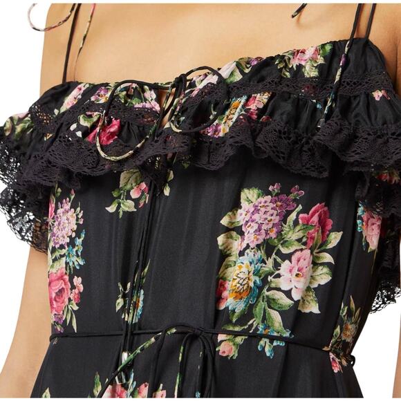 Zimmermann Honour Floral Print Silk Habutai Tiered Midi Dress Black - Picture 2 of 9